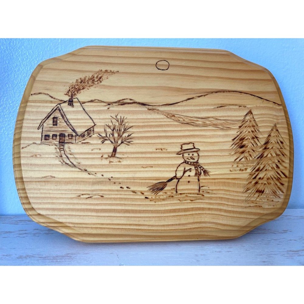 Original snowman pyrography, "Winter Wonderland" wood burning wall art